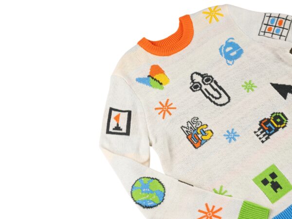 Sweater adorned with icons from Microsoft’s past.