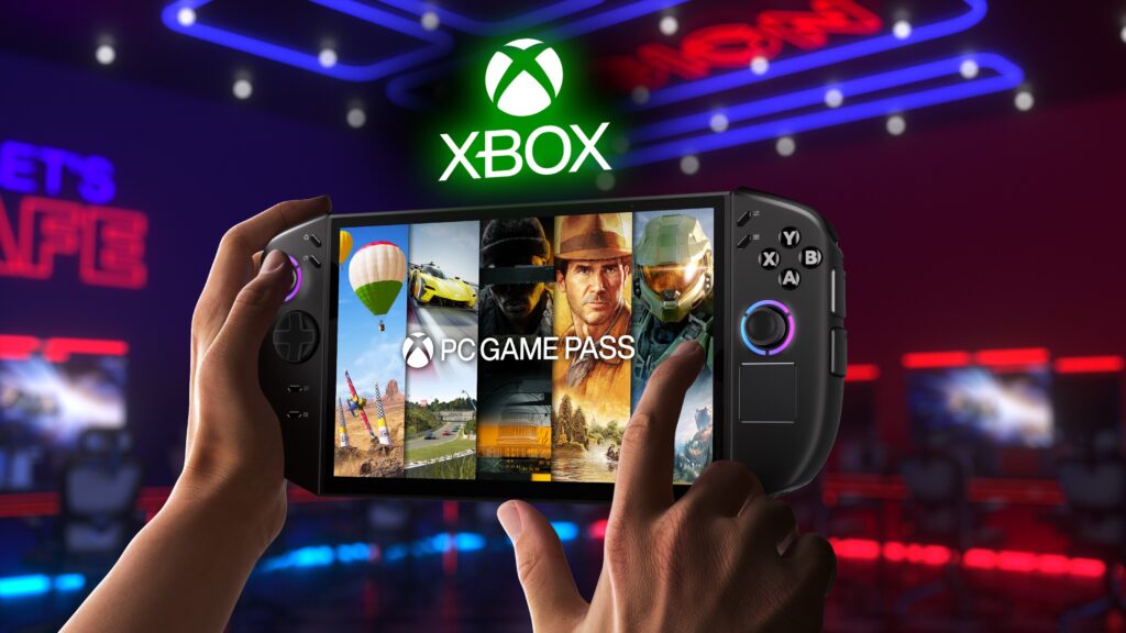 Close-up of Legion G in hands of a player with game blades on screen and Xbox logo above device