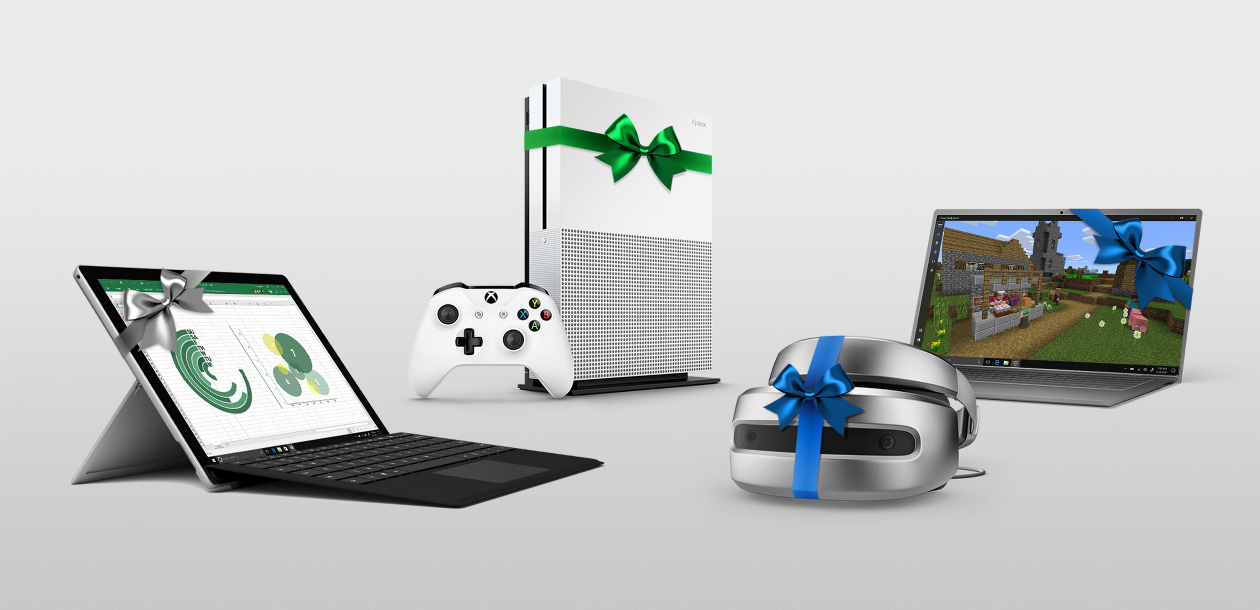 Surface Pro, Xbox One S, a Windows Mixed Reality Headset and a Windows 10 PC pictured together