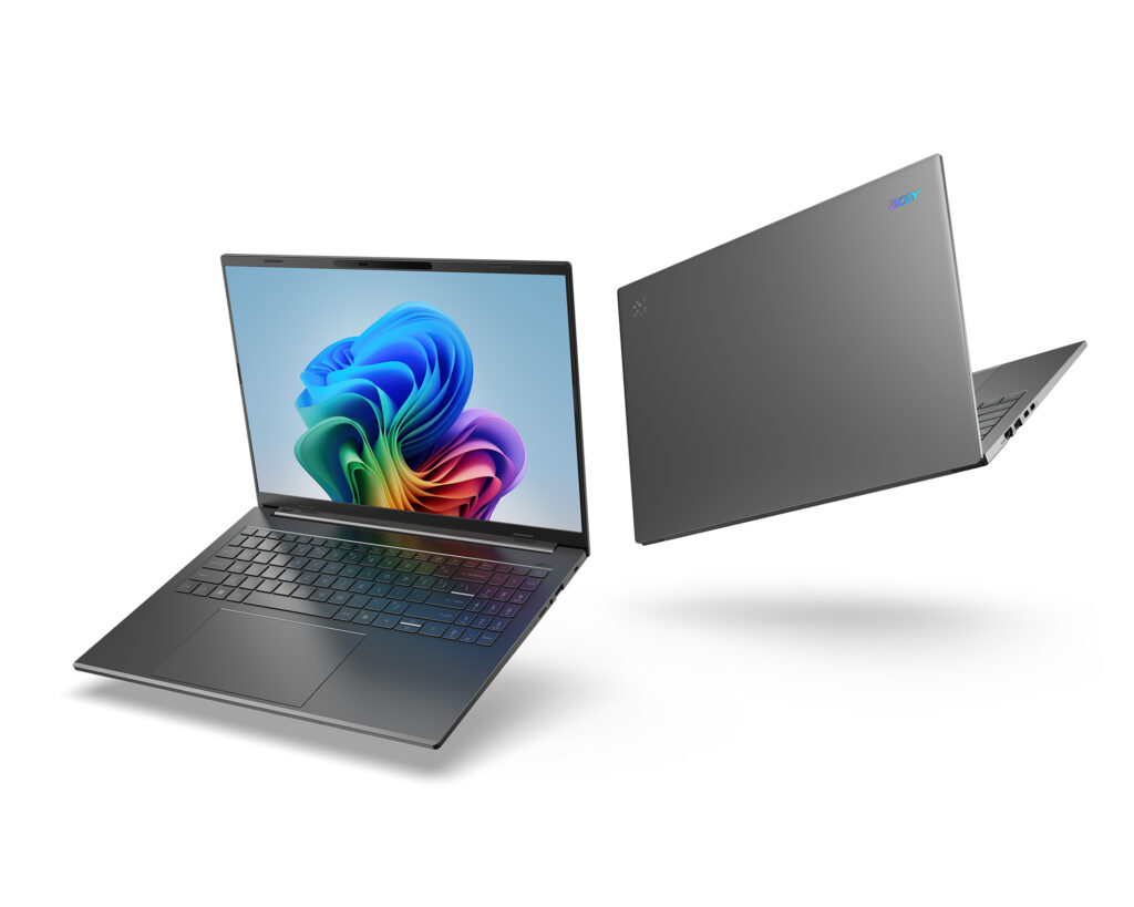 Acer Aspire 16 AI (A16-11MT-X669) with Snapdragon X from two different angles.