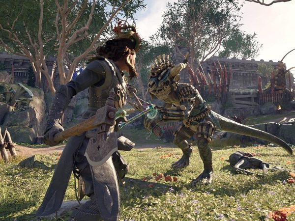 Armored warrior about to engage in combat with a human-sized dinosaur