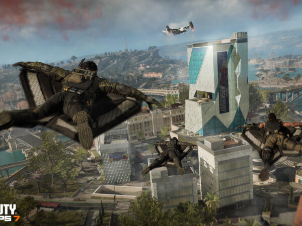 Combat soldiers using wingsuits flying over city in battle