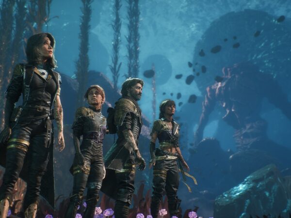 Four adventurers in a dark forest, looking off into the distance