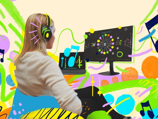 Woman sitting at desktop PC looks at DuoRhythmo display, surrounded by illustrated musical notes