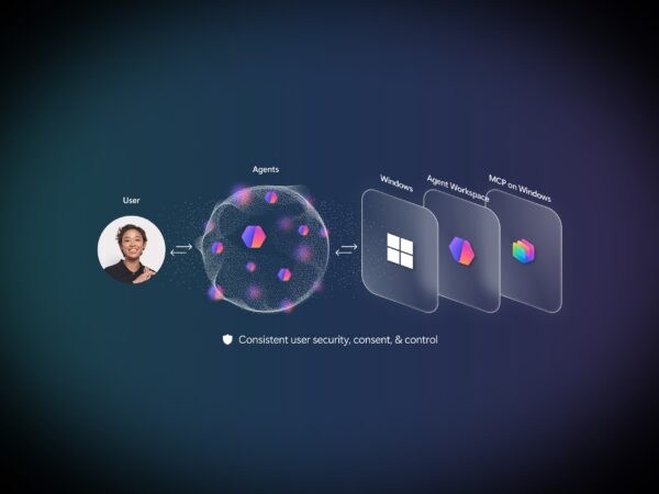Photo of a smiling woman next to icons labelled Agents, Windows, Agent Workspace and MCP on Windows.