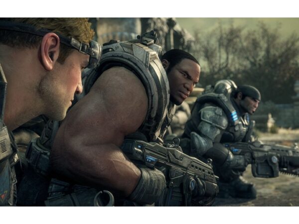 Screenshot of game scene with soldiers poised with weapons