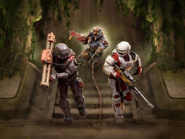 Two futuristic soldiers coming down a staircase