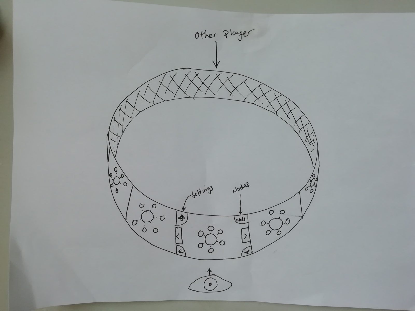 Hand-drawn sketch of rotation showing app in play with settings and nodes