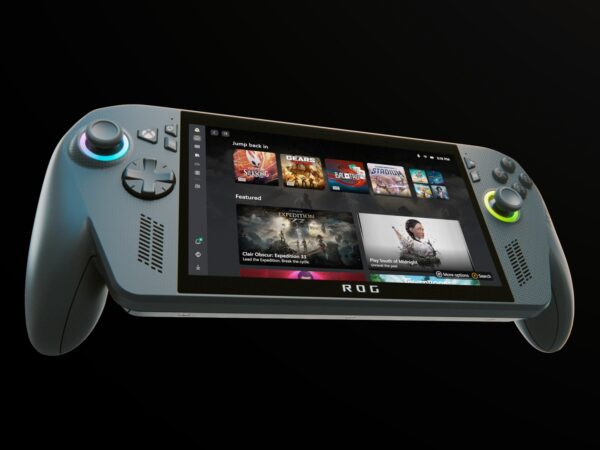 Xbox ROG Ally handheld floating with game tiles on screen