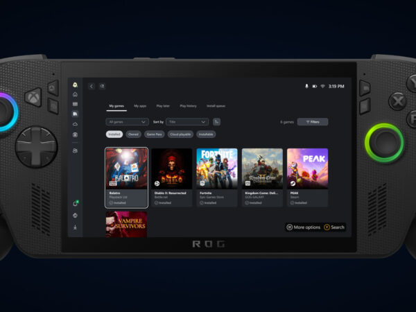 close-up of a handheld gaming device with the Xbox on PC app on screen