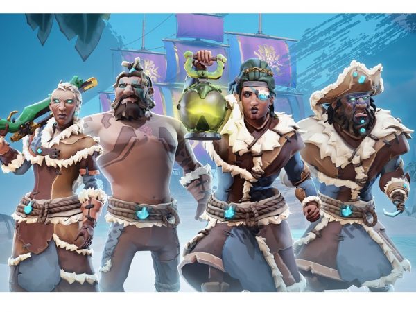 4 pirates with a pirate ship in the background