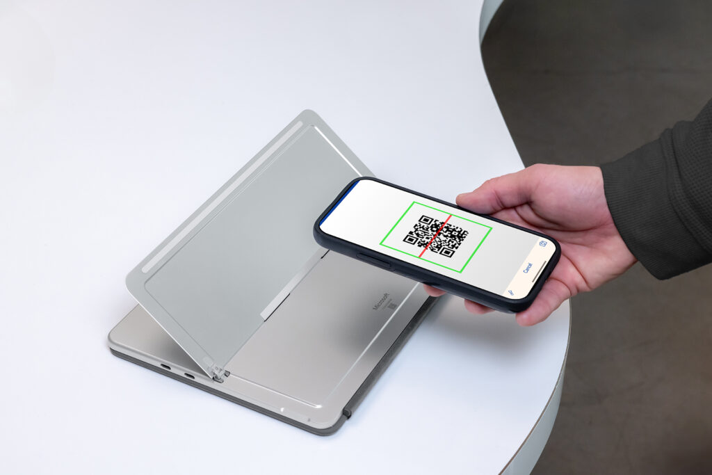 Surface Pro QR code being scanned by phone.