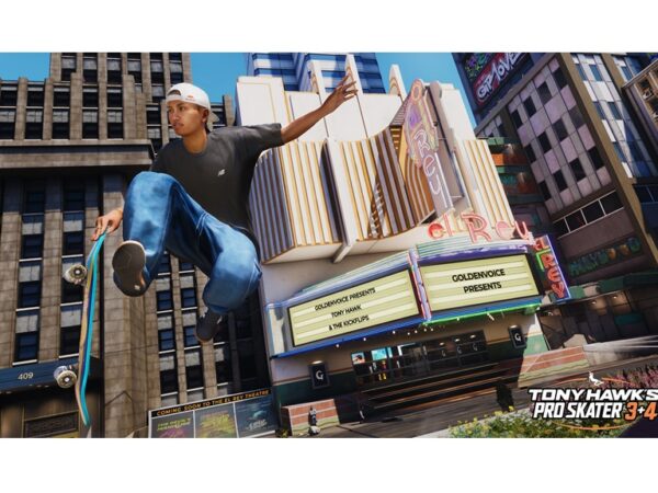 Young skater in mid-air in front of a theater