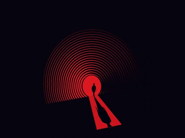 Small shadow of a man enveloped in a red keyhole