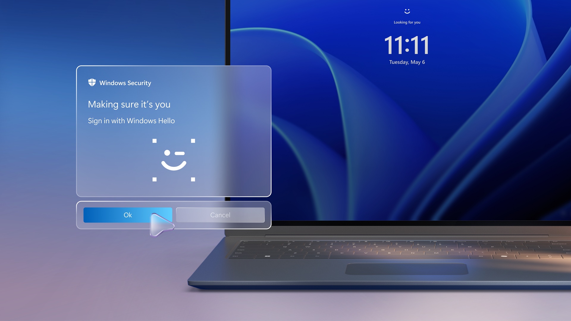 A Windows laptop with a Windows Hello sign in screen.