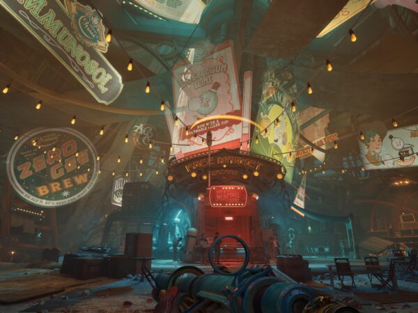 Screenshot from The Outer Worlds 2 showing various propaganda signs from different factions