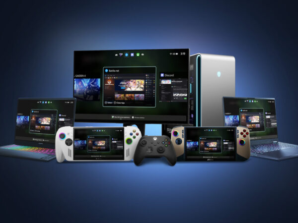 Photo of various PC devices, including Windows 11 gaming handhelds and monitors