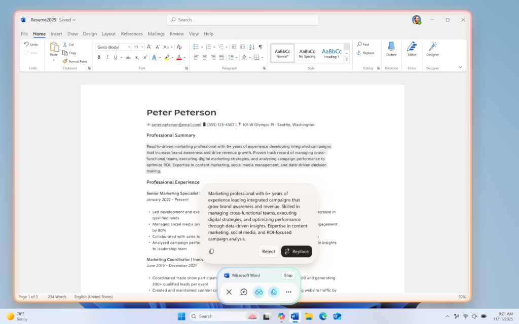 UI showing Copilot Actions for text editing during a Copilot Vision session.
