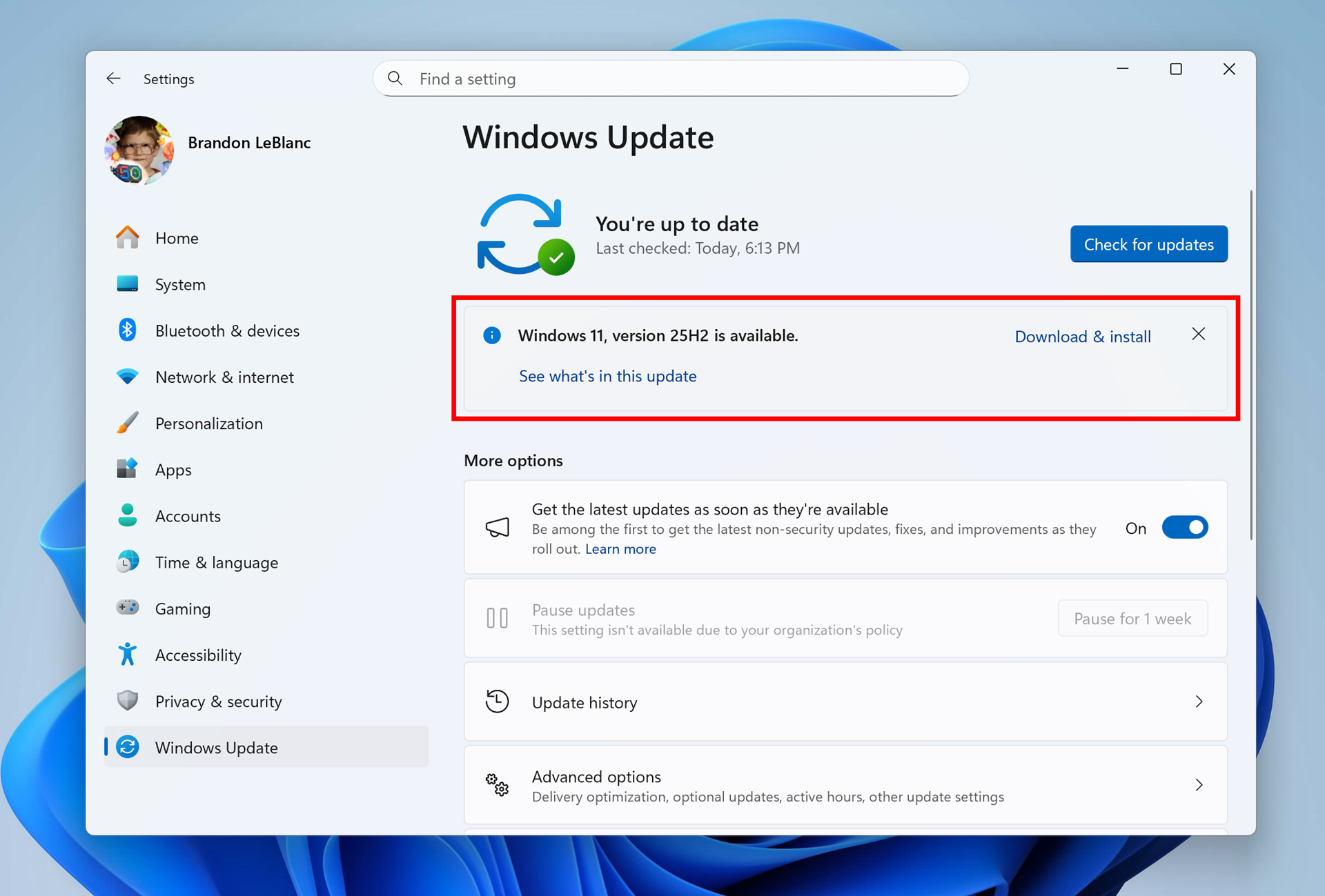 Windows 11, version 25H2 shown as available as an optional update for you to install today.