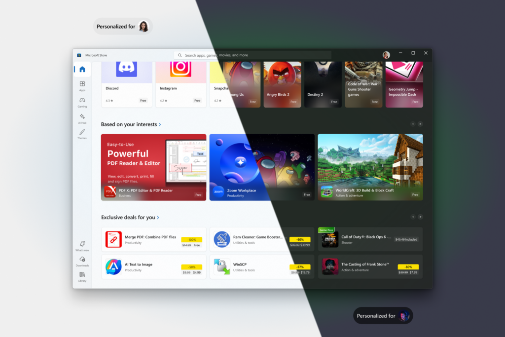 Image of a personalized home page experience with recommendations curated for users.