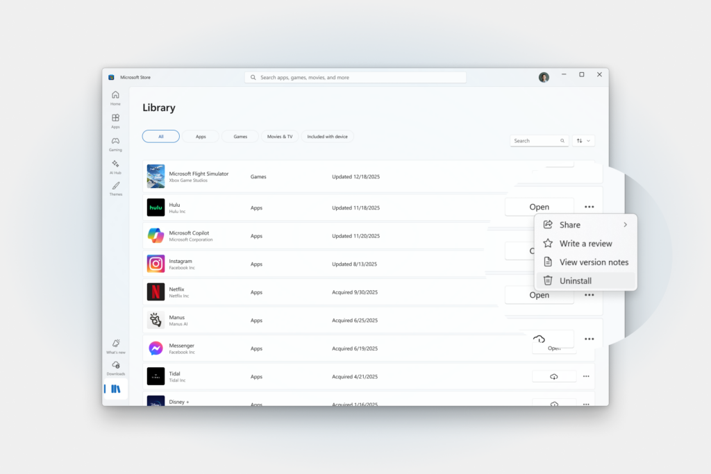Screen showing uninstallation from the library.