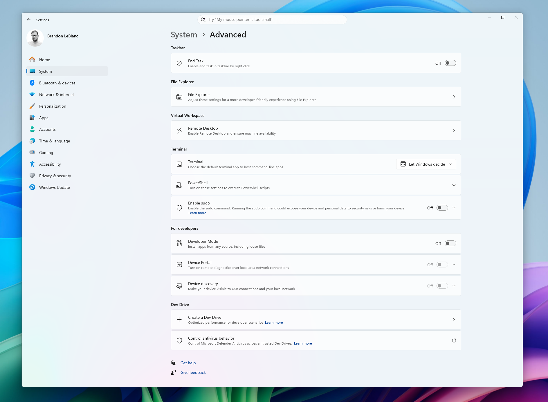 The new Advanced settings page.