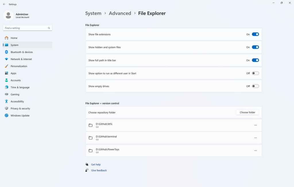 Advanced Windows Settings user interface