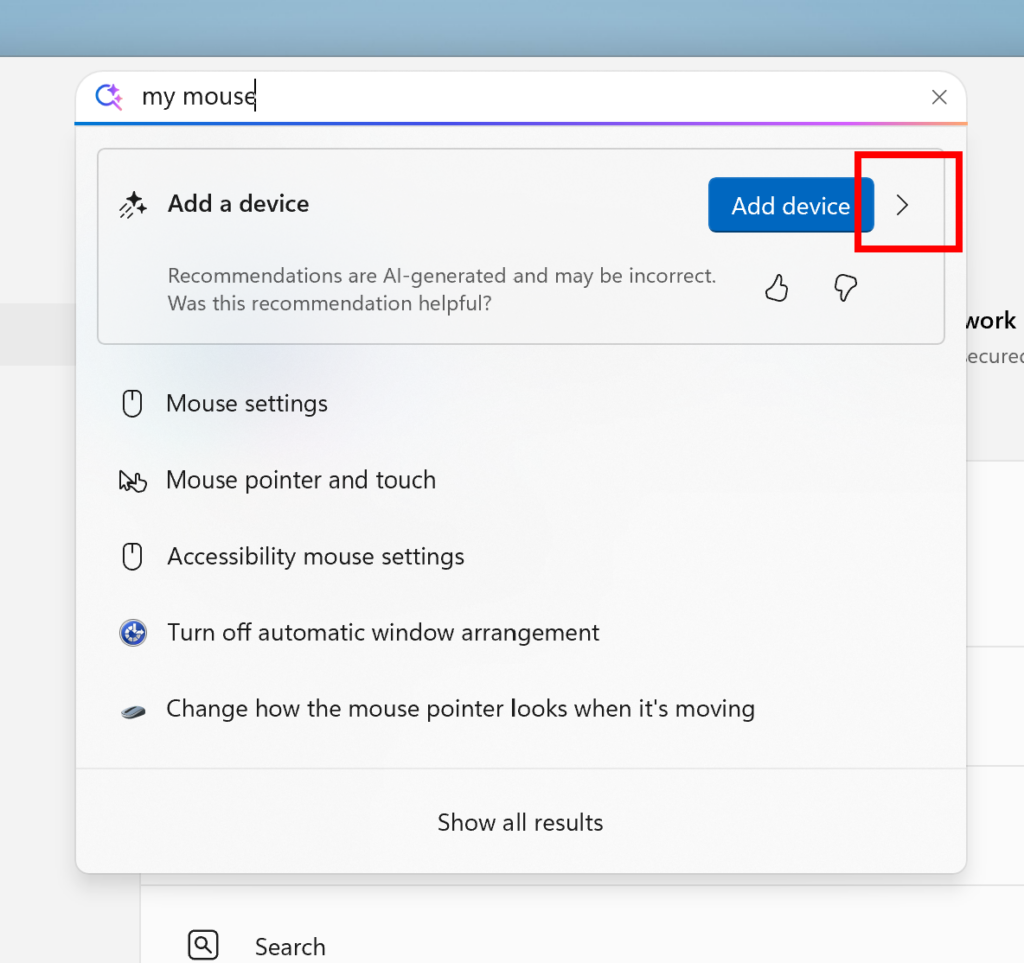 New navigation link in the agent search results in Settings highlighted in a red box.