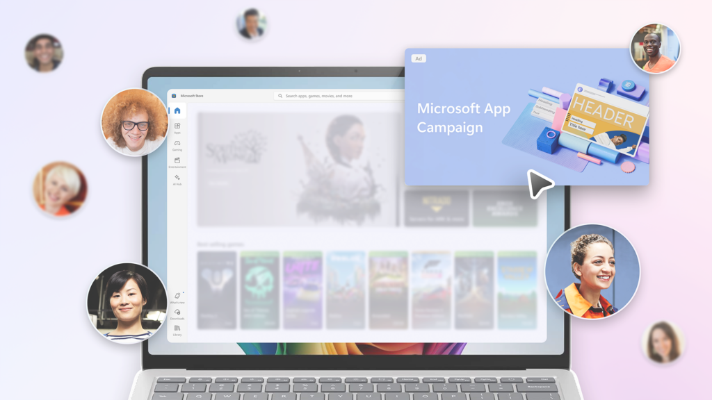 Text reading App Campaigns program along with photos of people.