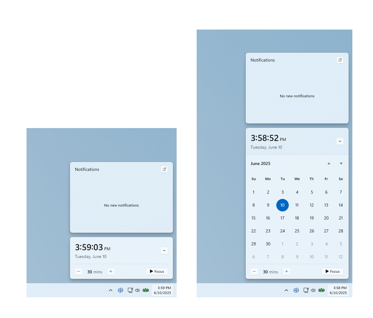 Clock showing in notification center with the calendar both collapsed and expanded.