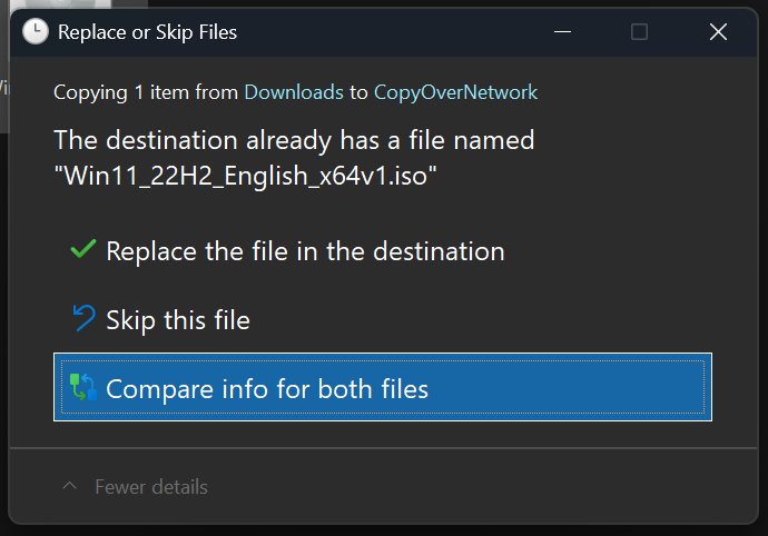 The new replace or skip files dialog in dark mode. 