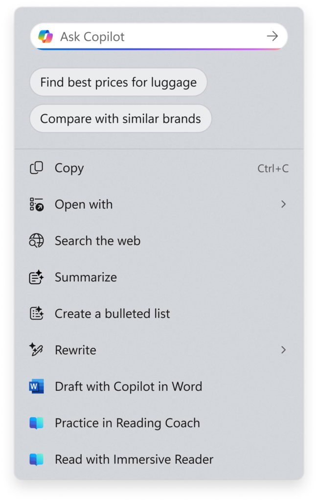 New Copilot prompt box at the top of the Click to Do context menu.