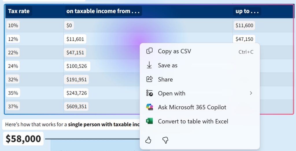 Click to Do with table highlighted and action to convert to table with Excel shown in the Click to Do menu.