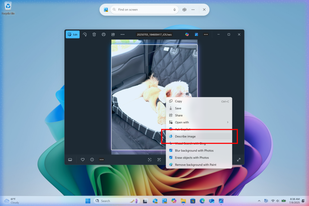 Describe image action in Click to Do menu highlighted in a red box.