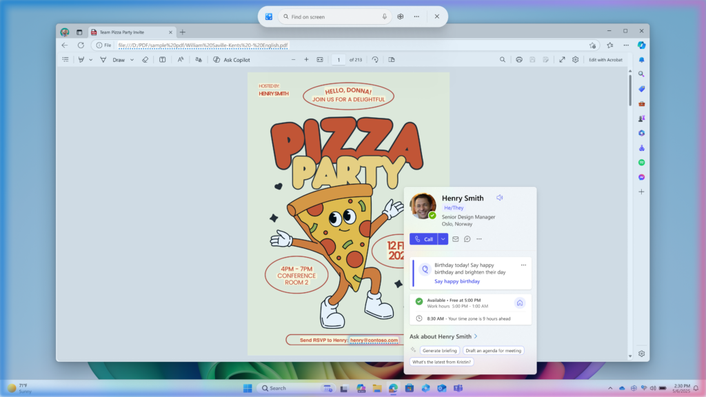 Click to Do showing a Microsoft 365 profile card after clicking on an email address.