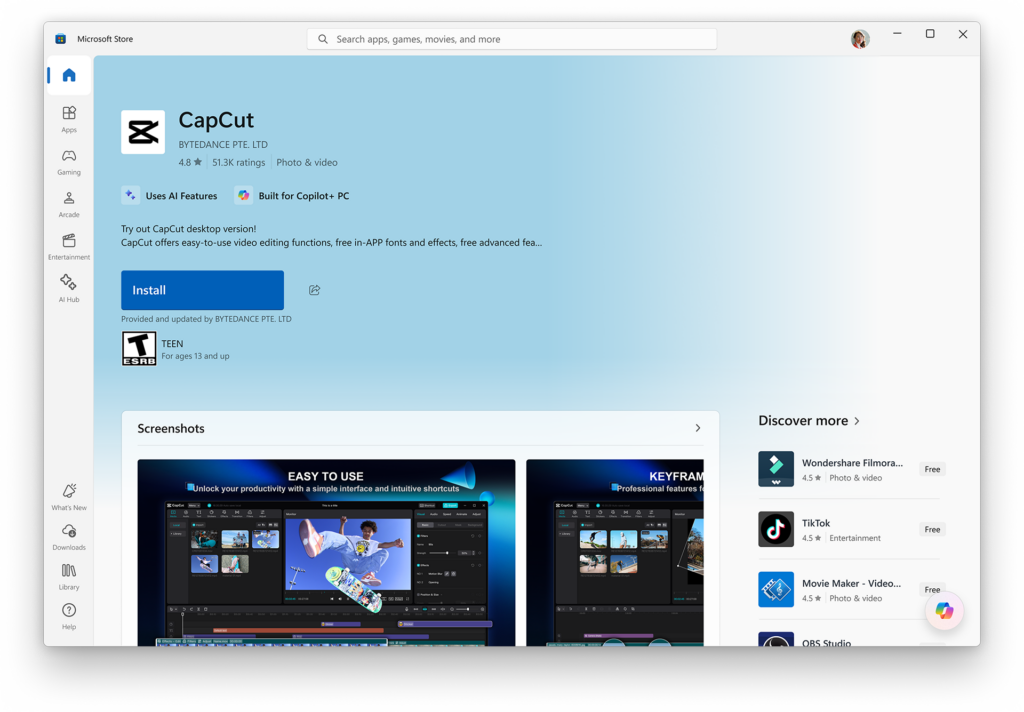 CapCut product page with a “Discover More” section highlighting similar recommended content.