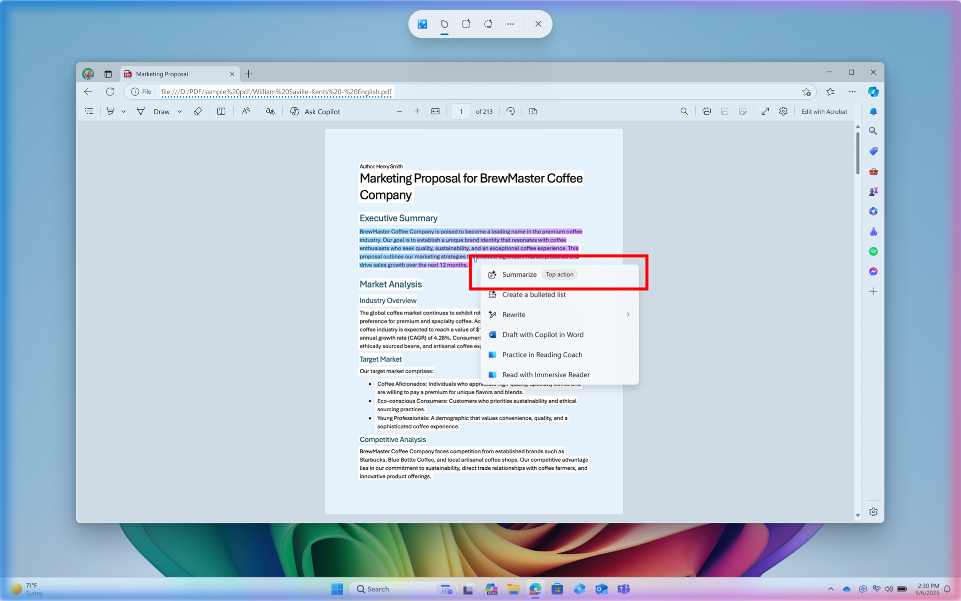 Example of a top action highlighted in a red box in Click to Do’s context menu.