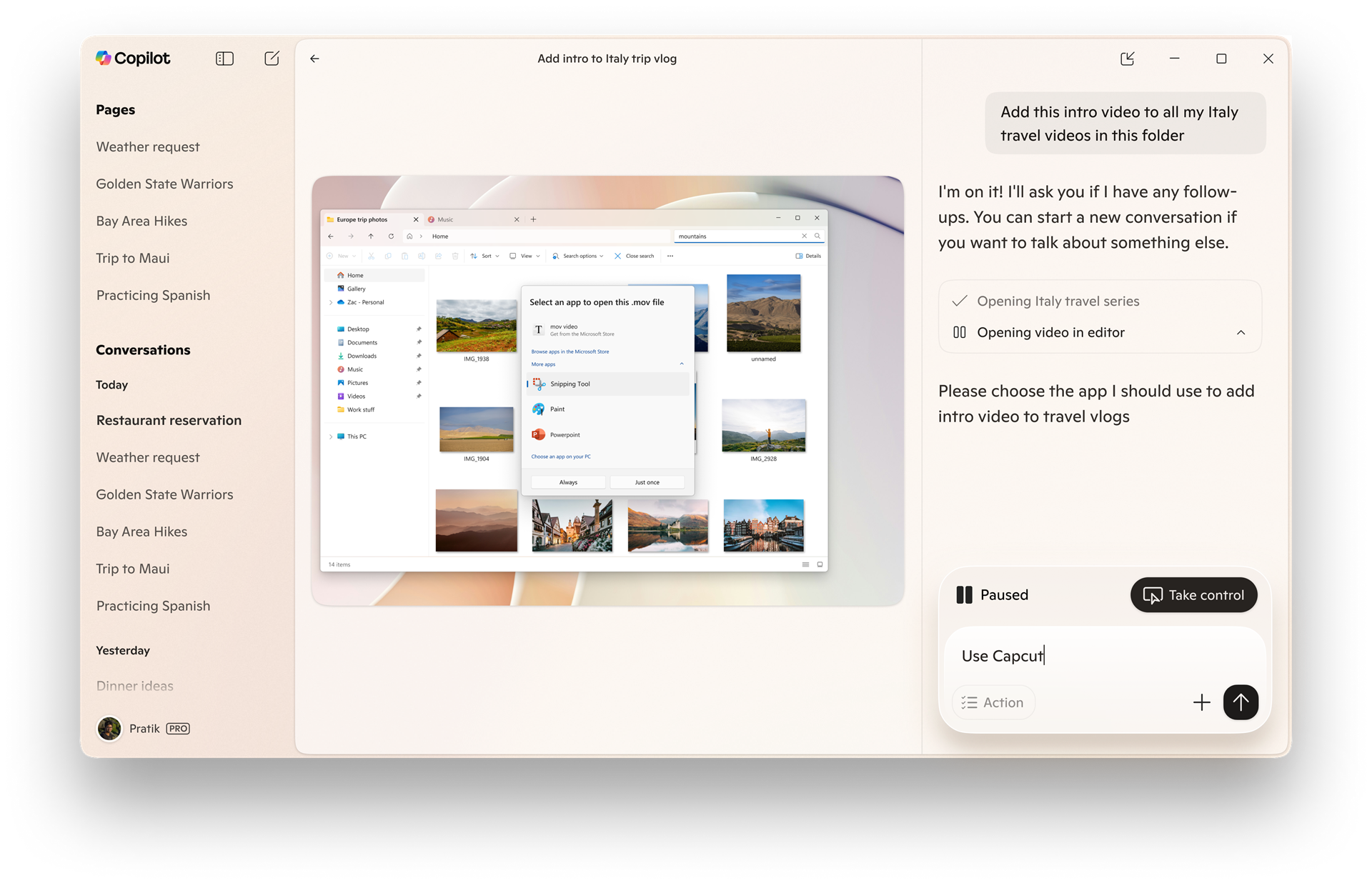 Copilot Actions screen.