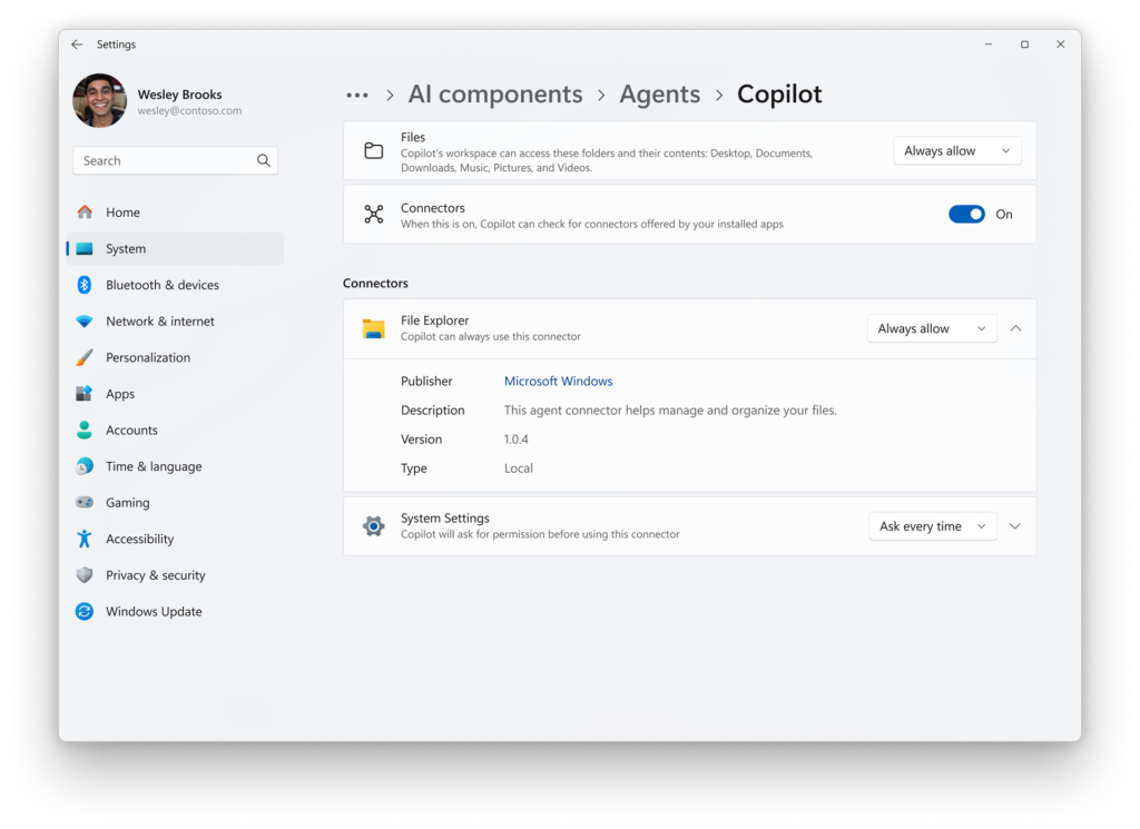 Windows Settings screen for Agent connectors allowing users to manage file access permissions and enable the connectors an agent needs to perform tasks.