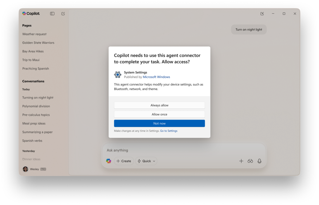 Screen asking user for consent for Copilot to use an agent connector to complete a task.