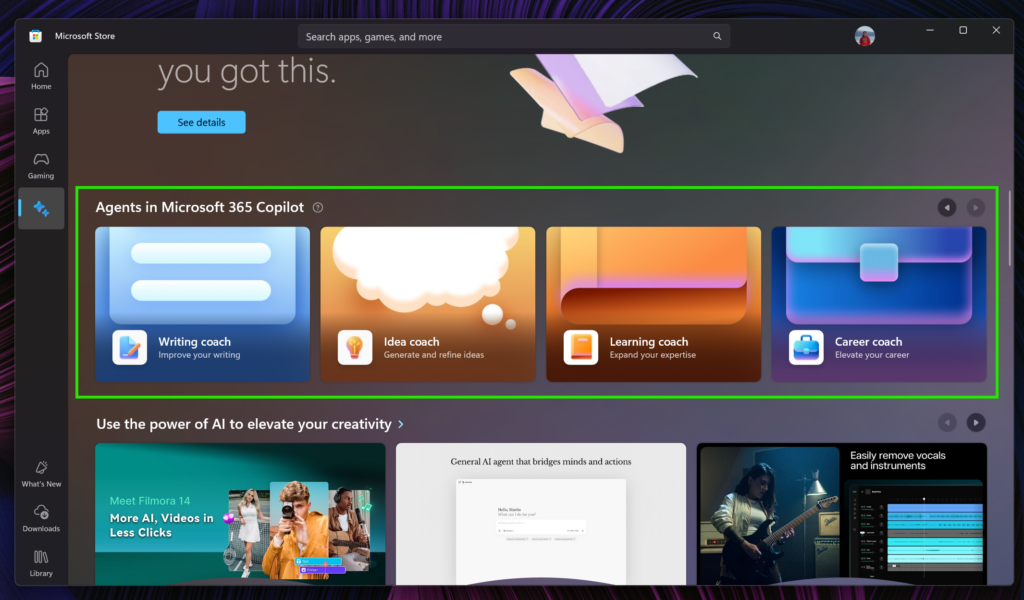 Agents in Microsoft 365 Copilot in the Microsoft Store’s AI Hub.