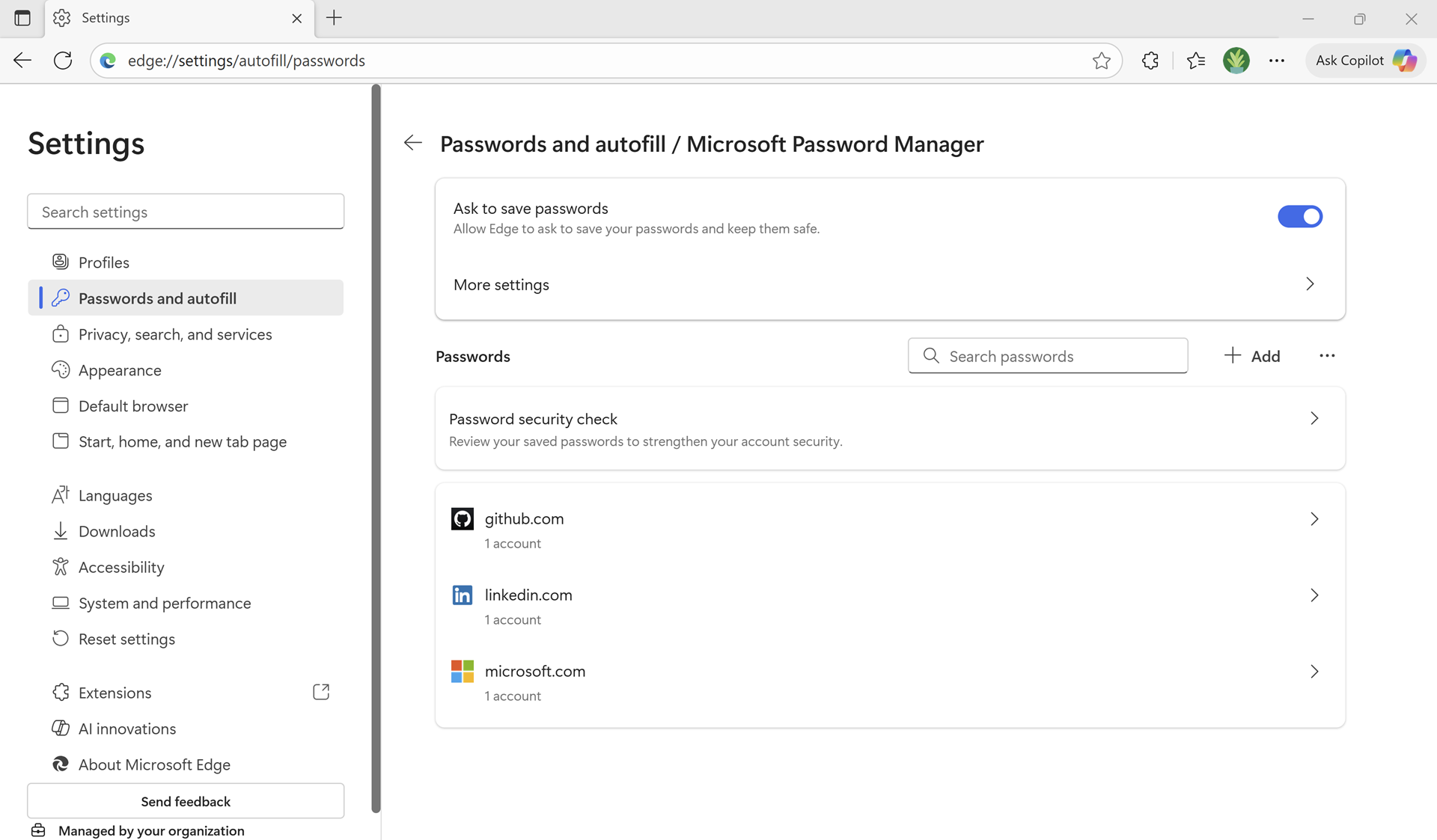 Password Manager in Microsoft Edge.