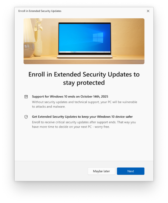 Extended Security Updates welcome page.