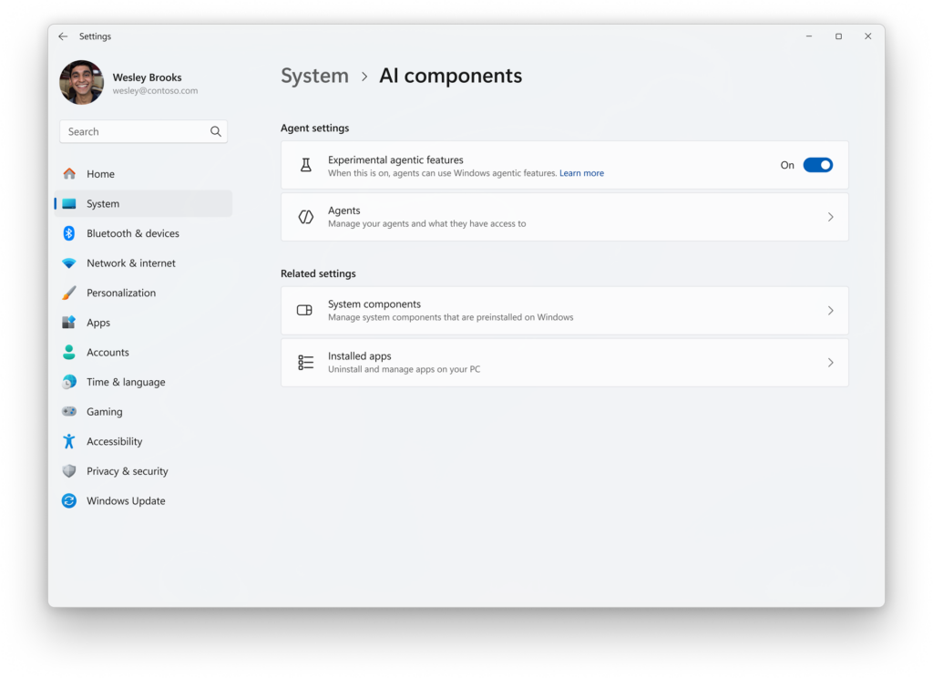 Windows Settings System screen for AI components with toggle on for experimental agentic features.