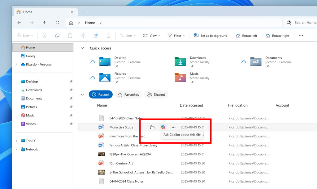 On-hover actions in File Explorer Home highlighted in a red box.