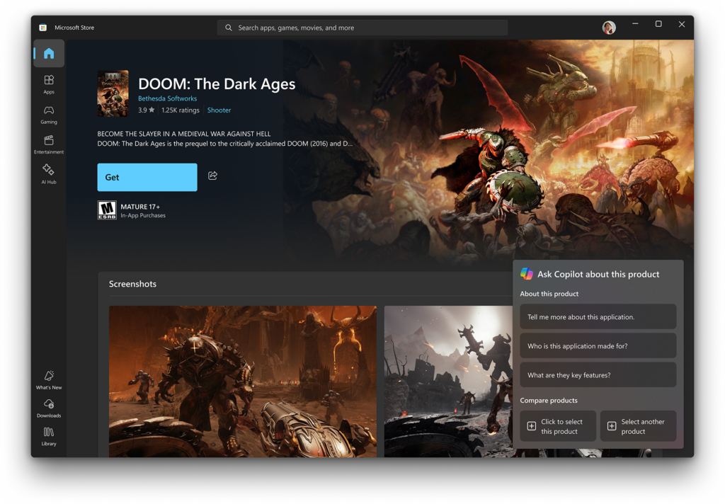 Product page for DOOM: The Dark Ages with a Copilot agent users can interface with and learn more about specific features.