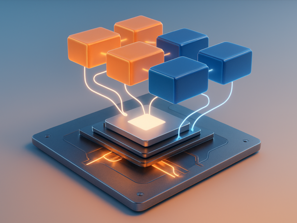 Diagram of colored blocks shown connecting on a computer chip below them.