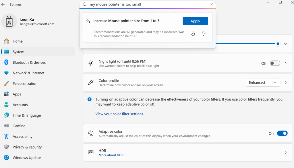 Screenshot demonstrating the agent in Settings .
