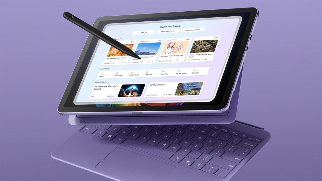 Surface device with keyboard, stylus and software icons.