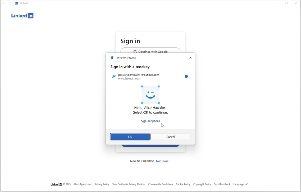 Passkey with Windows Hello pop up as user tries to sign into LinkedIn reading "sign in with passkey" and "Hello Alice Hawkins, Press okay to continue." 